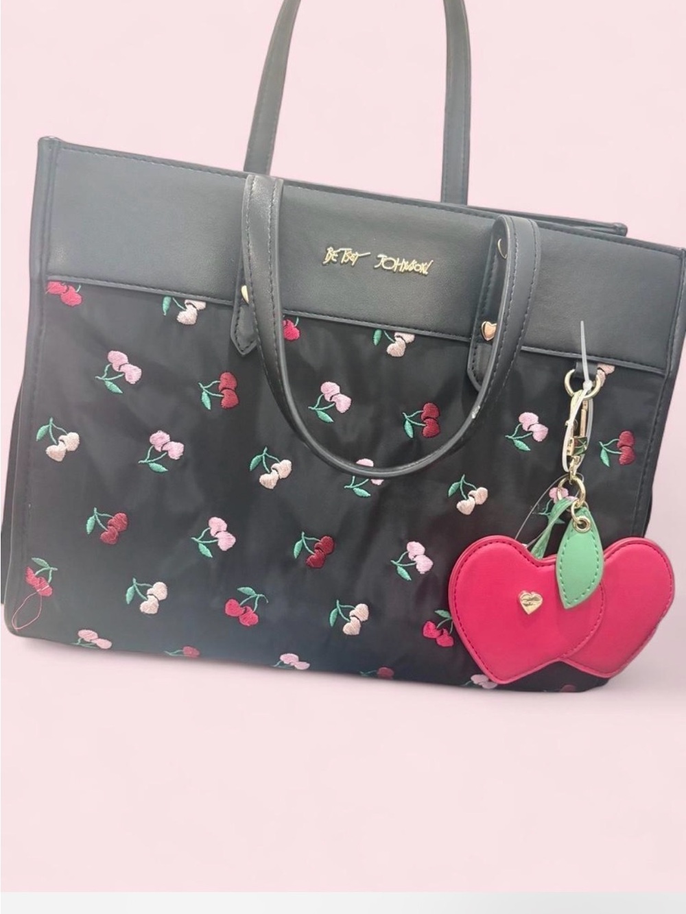 Betsey Johnson Black Cherry Embroidered Tote with Heart Charm